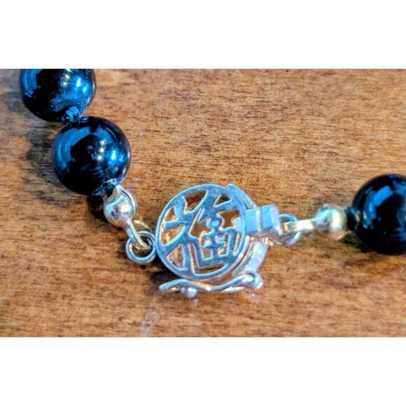 8mm Black Stone Beaded Hand Knotted Necklace 925 Vermeil Chinese Symbol Clasp - Picture 2 of 6